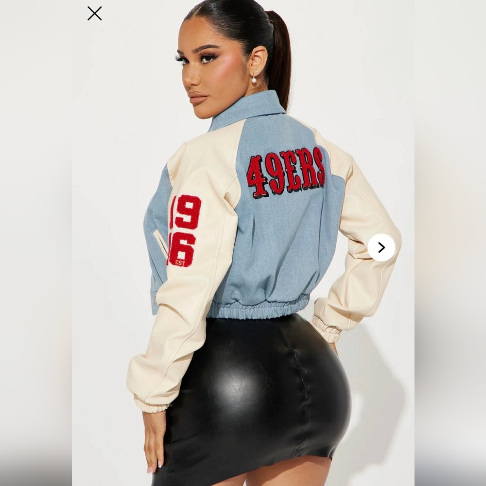 Cropped 49ERS Denim and Cream Varsity Jacket